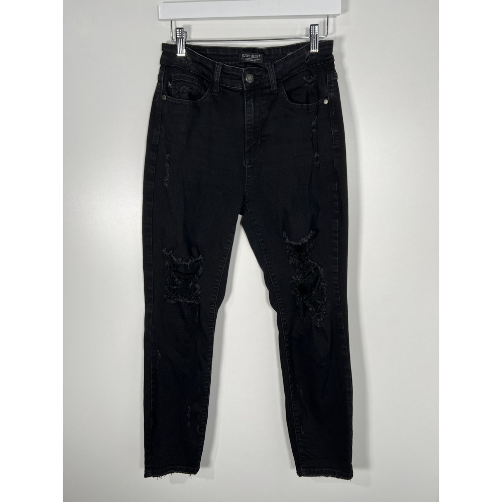 Judy Blue Black Distressed Boyfriend Fit Denim Jeans Edgy Goth Casual 7/28